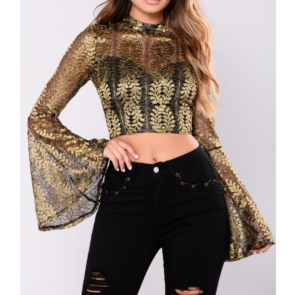 Fashion Nova black gold bell sleeve crop top